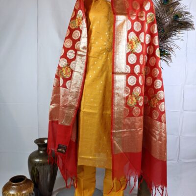 Yellow and Red Chanderi Silk 3 Pcs Banarasi Suit
