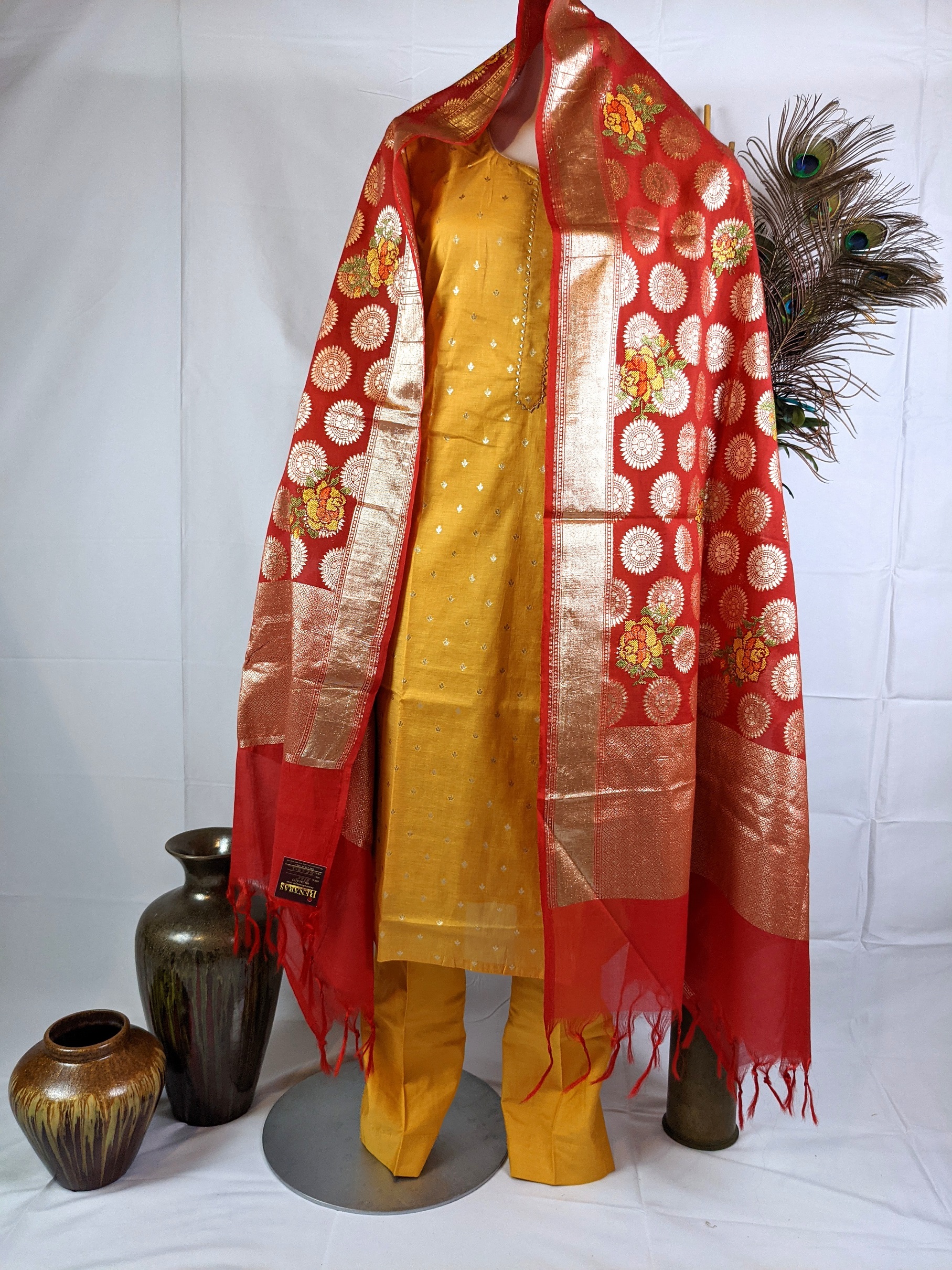 fcity.in - Pisara Red Chanderi Cotton Embroidered Dress Material With  Duptta /