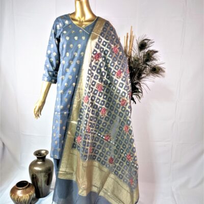 Gray Chanderi Silk 3 Pcs Banarasi Suit