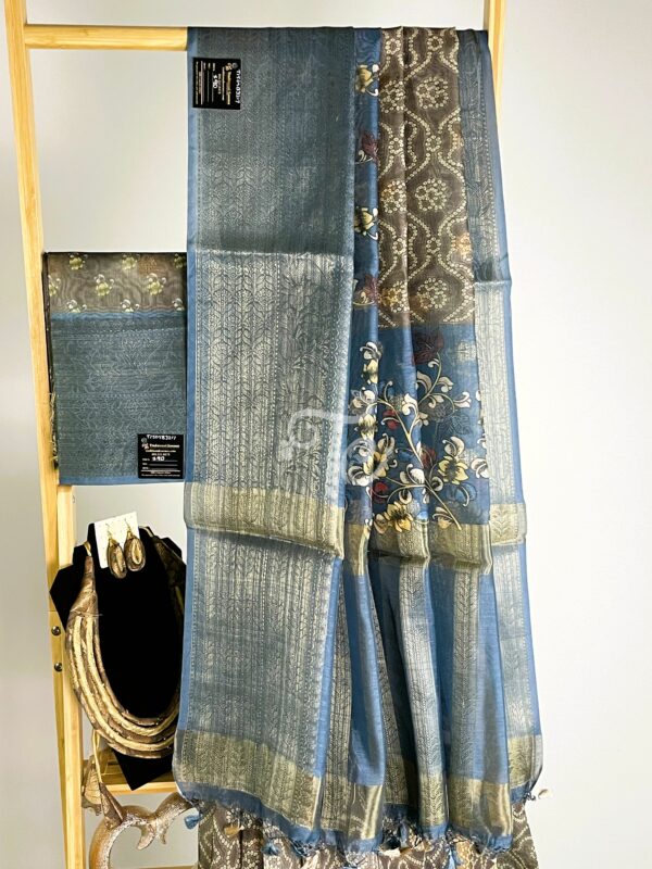 Earthy Gray and Steel Blue Color Chunari and Kalamkari Print Saree enhanced with Banarasi Border