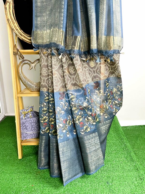 Earthy Gray and Steel Blue Color Chunari and Kalamkari Print Saree enhanced with Banarasi Border