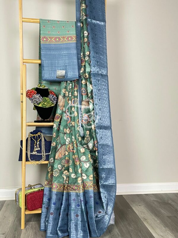 Blue and Green Color Kalamkari Digitally Printed Organza Silk With Banarasi Border