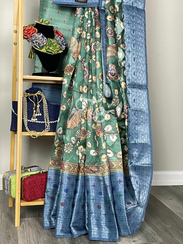 Blue and Green Color Kalamkari Digitally Printed Organza Silk With Banarasi Border