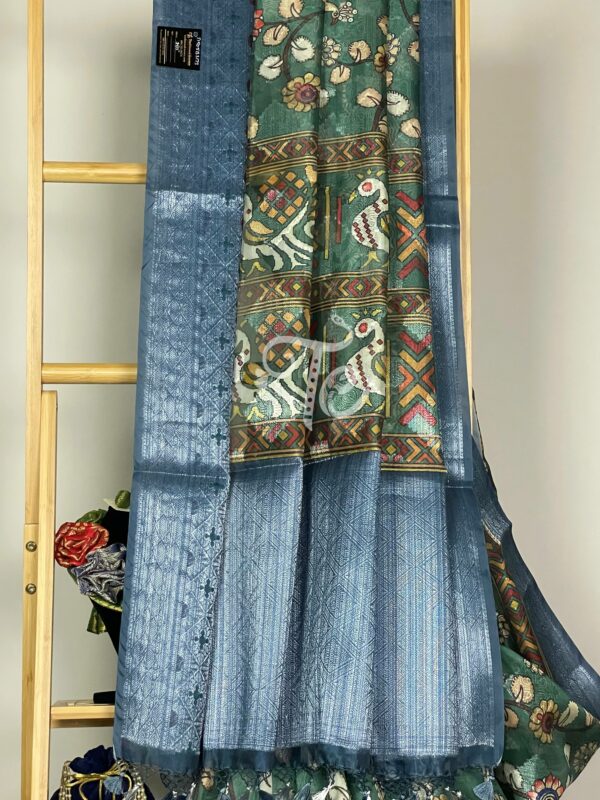 Blue and Green Color Kalamkari Digitally Printed Organza Silk With Banarasi Border