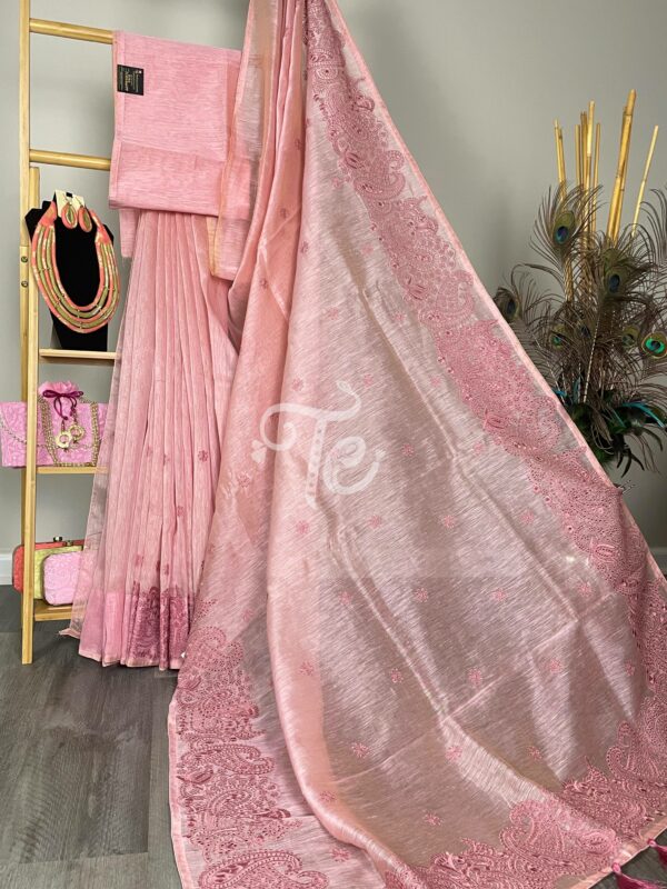 Rose Pink Linen Cotton Saree Adorned With Resham Embroidery And Cut Work